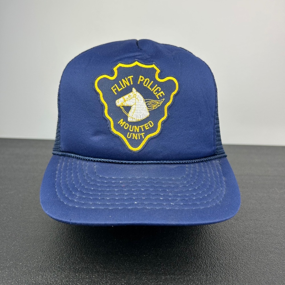 Vintage 90s Flint Police‎ Trucker Hat Cap Snap Back Adjustable Blue Mounted Unit